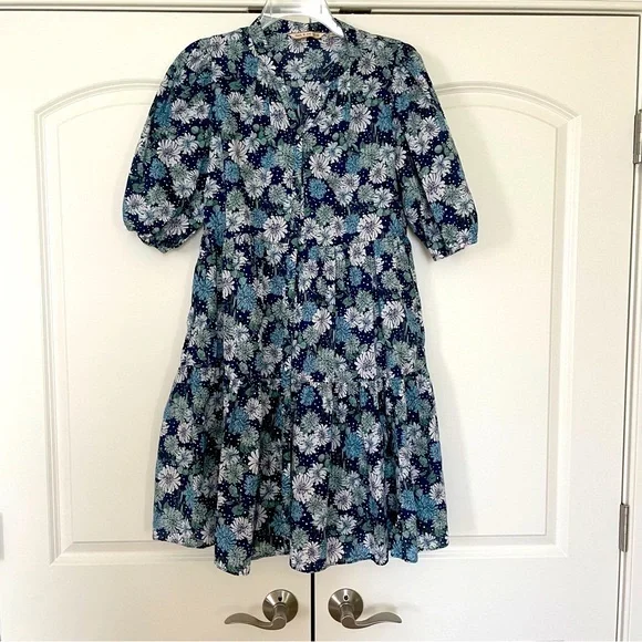 Uniqlo x Paul & Joe Navy Blue Floral Button Down Puff Sleeve Tiered Dress Size M - Picture 4 of 16
